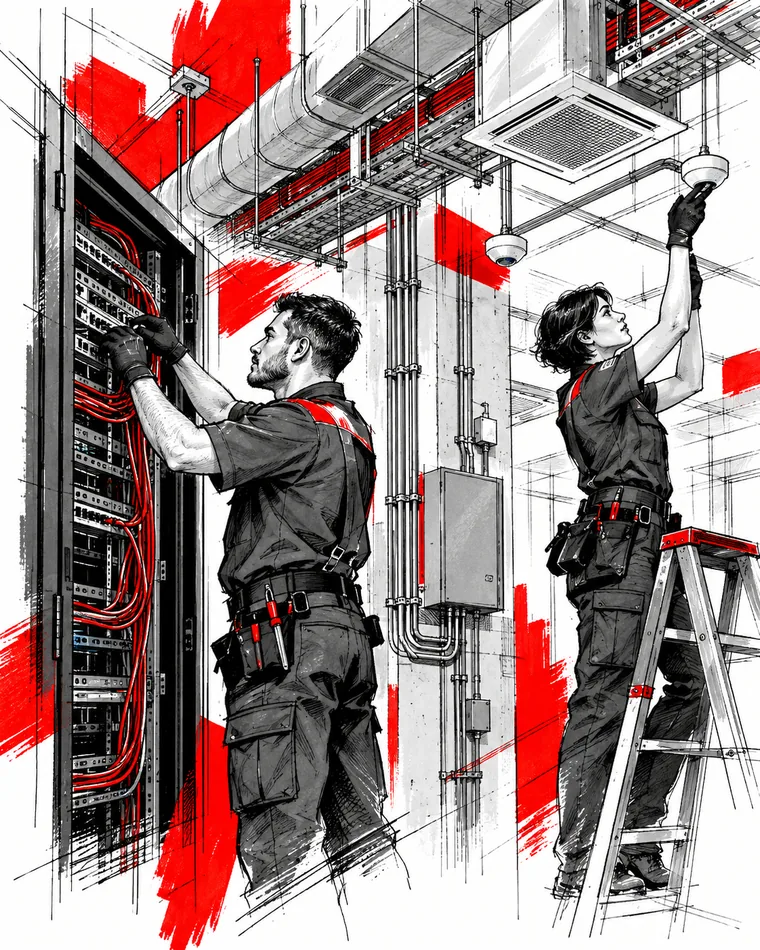 Técnicos preparando infraestrutura para automação