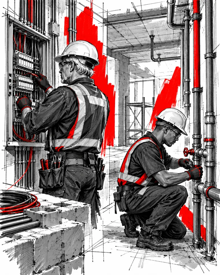 Profissionais executando instalações hidráulicas e elétricas